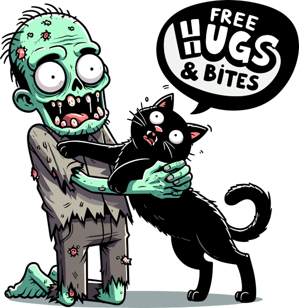 Free Hugs and bites - Zombie hugging black cat Kids T-Shirt by PrintSoulDesigns