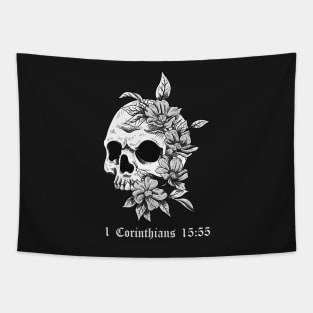 Skull with flowers 1 Corinthians 15:55 Tapestry