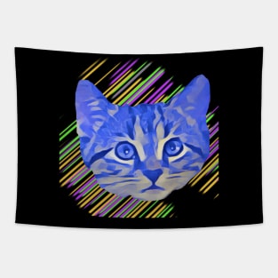 Blue Kitty Face Colorful Stripes Tapestry