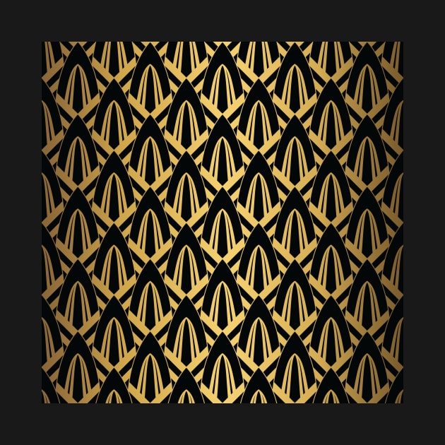 Gold Foil on Black Retro Vintage Art Deco Geometric Cross-Hatched Cone Pattern by podartist