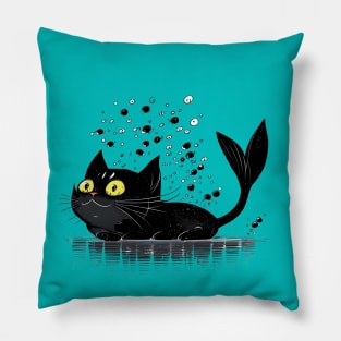 Black Cat Dreams of Being a Mermaid Pillow