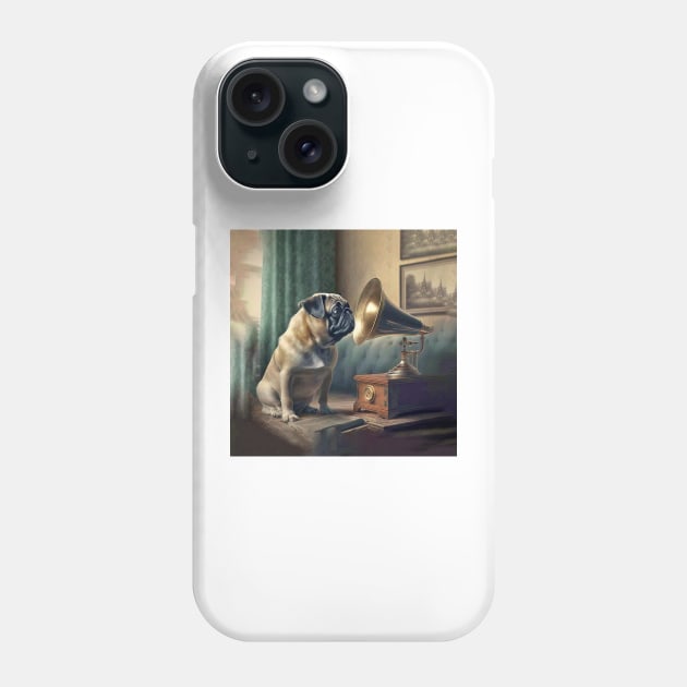 Pug Dog Listens To Grammaphone Music Phone Case by candiscamera