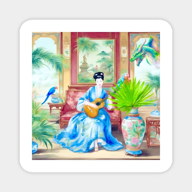 A good listener, modern whimsical chinoiserie scene Magnet by SophieClimaArt