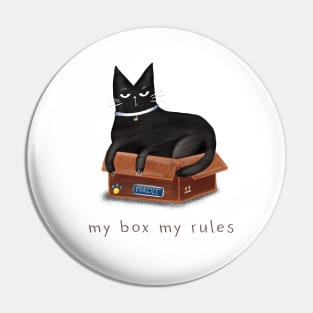 Cartoon black cat in a box and the inscription "My box - my rules". Pin