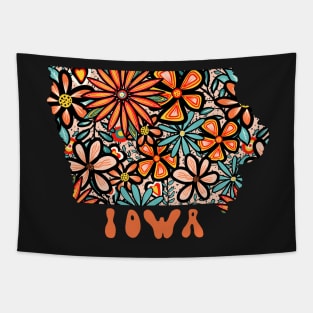 Iowa State Design | Artist Designed Illustration Featuring Iowa State Outline Filled With Retro Flowers with Retro Hand-Lettering Tapestry