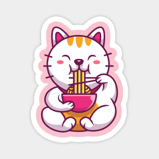 Cute Cat Eating Noodle With Chopstick Cartoon Magnet