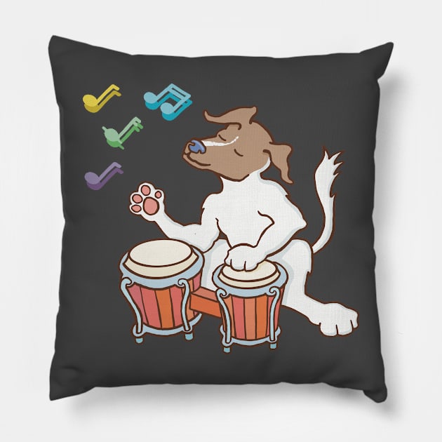 Jack Russell playing on a bongo drum. Pillow by ElectronicCloud