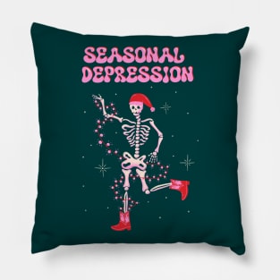 Seasonal Depression xmas art, Dancing skeleton in santa hat Christmas illustration Pillow