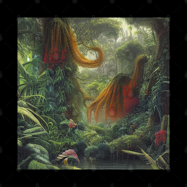 Digital Painting of a Beautiful Jungle With Tropical Leaves and Lake by Promen Art