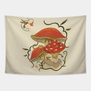 Vintage Mushroom Flower With Hummingbird Tapestry