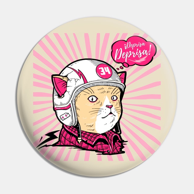 Comic cartoon with a cute retro motorized cat in pink colors with the phrase in Spanish: Hurry, hurry! Pin by Rebeldía Pura