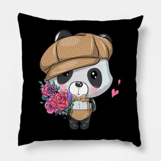 cute cartoon panda with cap and flowers illustration Pillow