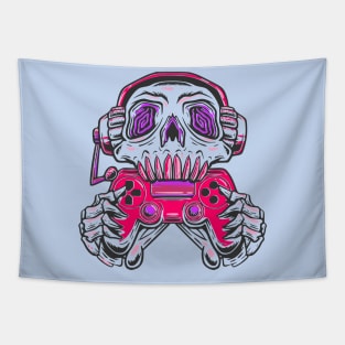 A skull gamer holding a pink joystick controller and wearing headphone. Tapestry