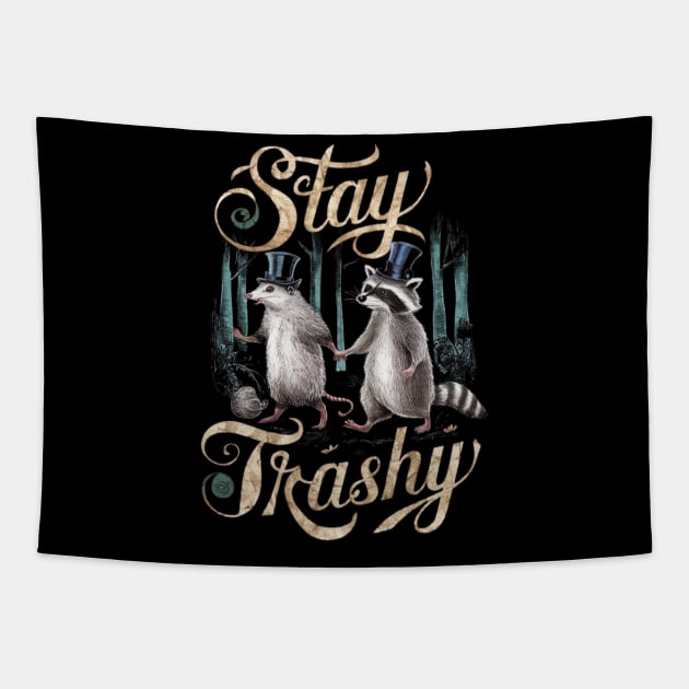 Vintage Stay Trashy Funny Possum And Raccoon Lovers Tapestry by Lovelydesignstore