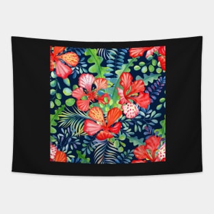 Red Delonix flowers with tropical leaves on dark backgroud Tapestry