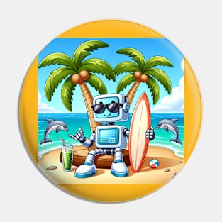 Surfer Robot Cartoon Pin