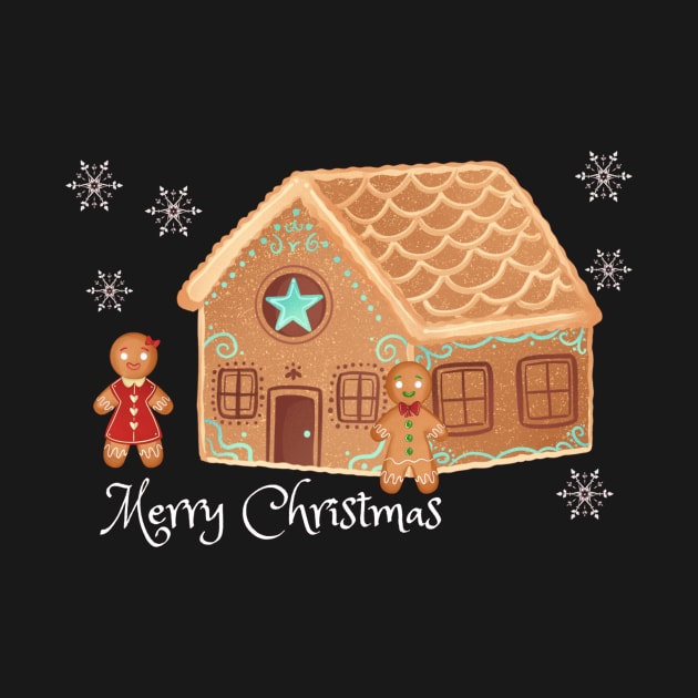 Merry Christmas with gingerbread house, man snowflakes by LukjanovArt