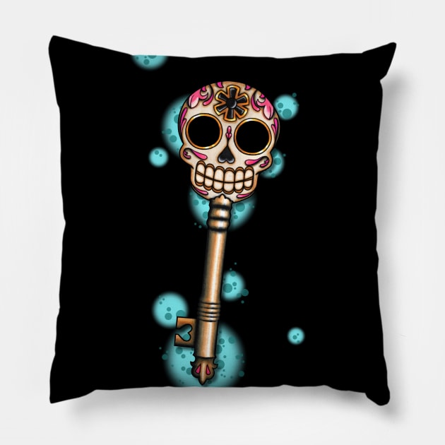 Skeleton Key - Dia de los Muertos Sugar Skull - Day of the Dead Calavera Folk Art Pillow by prettyinink