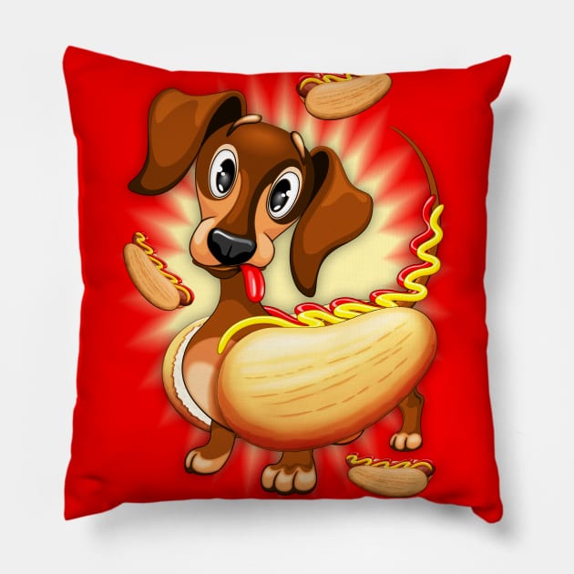 Dachshund Hot Dog Cute and Funny Character Pillow by BluedarkArt