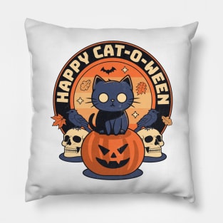 Happy Catoween Cat Halloween Fun Cute Retro Vibe Aesthetic Pillow