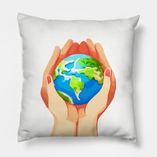 Illustration of hands holding Earth to celebrate Earth Day Pillow