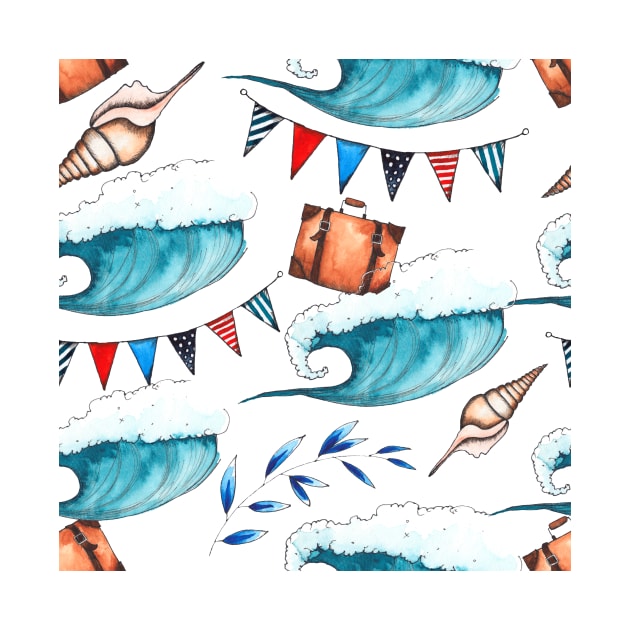 Waves Flags Shells Nautical Pattern by jodotodesign