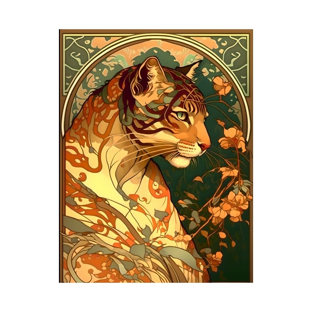 Vintage Art Nouveau Alphonse Mucha Inspired Tiger Design by entwithanaxe