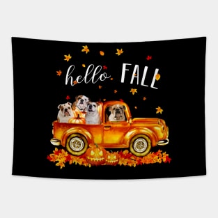 Bulldogs Hello Fall - Bulldogs In Car Pumpkin Halloween T-shirt Bulldogs Autunm Gift Tapestry