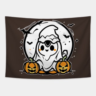 Kawaii Halloween Ghost with Pumpkins Tapestry