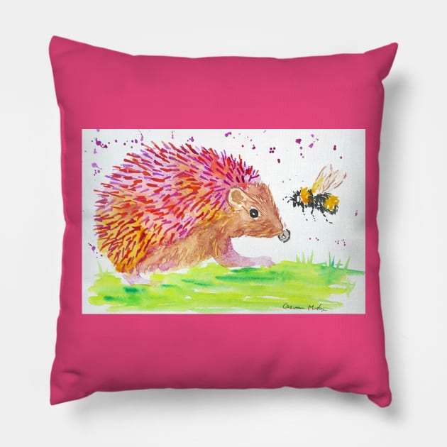 Cute Pink hedgehog and Bee Pillow by Casimirasquirkyart