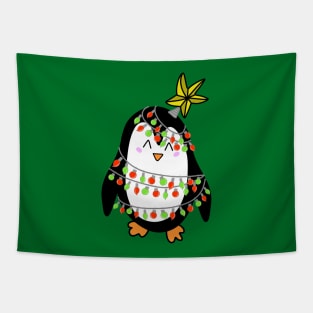 Cute Christmas Tree Lights Wrapped Penguin with a Star on his Head on a Green Backdrop, made by EndlessEmporium Tapestry