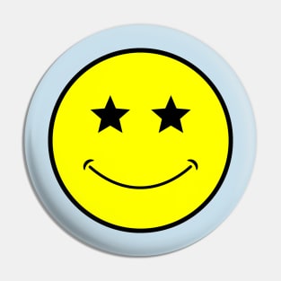 neon bright yellow classic star eyes Smiley Face Black Outline Pin