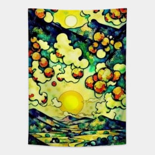 Sun With Mountainscape Tapestry