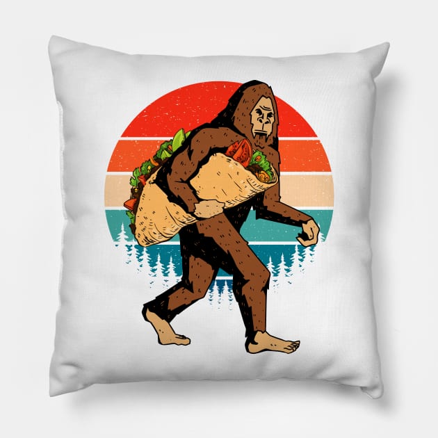 Bigfoot Carrying A Taco Retro Sunset Pillow by Tesszero