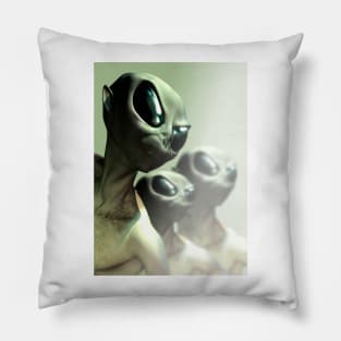 Three alien greys against misty background. Pillow