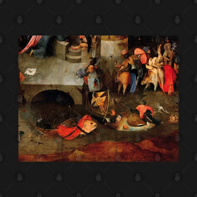 WEIRD FISH BOATS ,FISHERS IN THE DARK WATERS from Triptych of the Temptation of St. Anthony by Hieronymus Bosch by BulganLumini