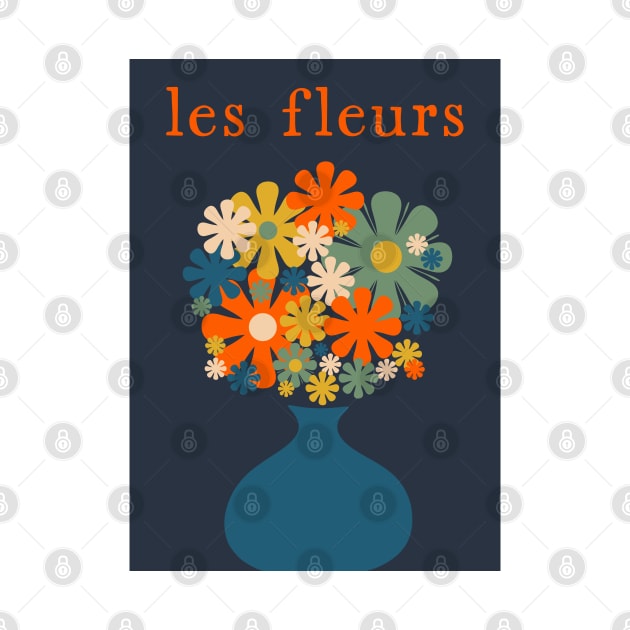 Les Fleurs Retro Flowers in Vase Blue Orange by KierkegaardDesignStudio