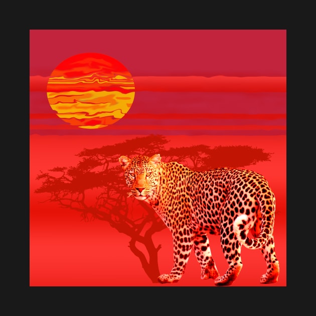 Africa Leopard Sunrise Desert Red Gift T-Shirt by gdimido