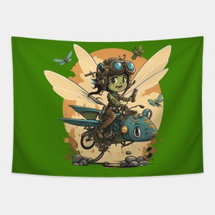 Steampunk Battle Fairy Ridging a Mechanical Dragonfly Tapestry