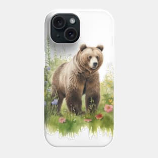 Watercolor picture of a brown bear and beautiful colored flowers. Phone Case