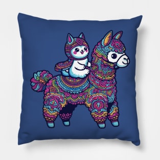 Cartoon white cat riding alpaca Pillow