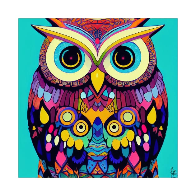 Colorful Owl Portrait Illustration - Bright Vibrant Colors Bohemian Style Feathers Psychedelic Bird Animal Rainbow Colored Art by JensenArtCo