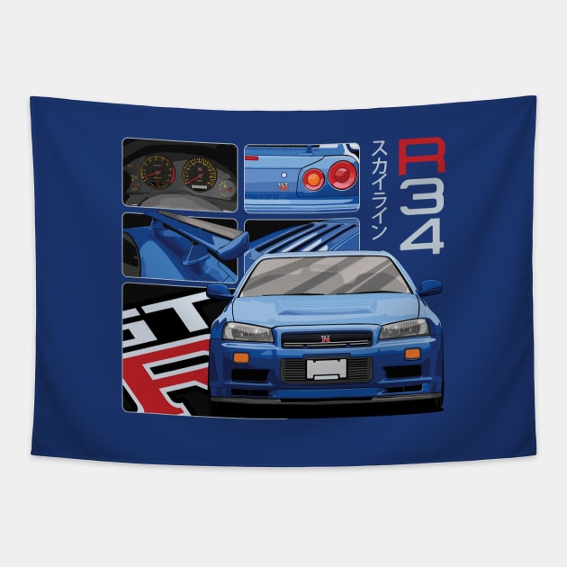 Nissan Skyline GTR R34 Drawing Vector Tapestry by Ajie Negara