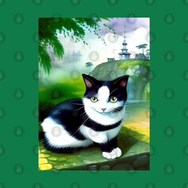 Tuxedo Cat in a Landscape Copyright TeAnne by TeAnne