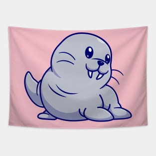 Cute Walrus Waving Hand Cartoon Tapestry