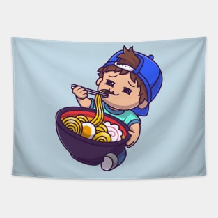 Cute Boy Eating Ramen Cartoon Tapestry