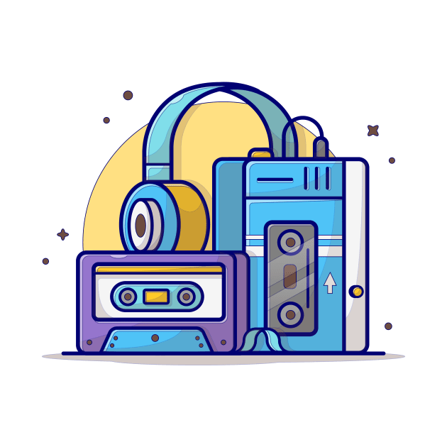 Old Music Player with Cassette and Headphone Music Cartoon Vector Icon Illustration by Catalyst Labs