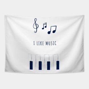 Illustration of notes and piano "I like music" Tapestry