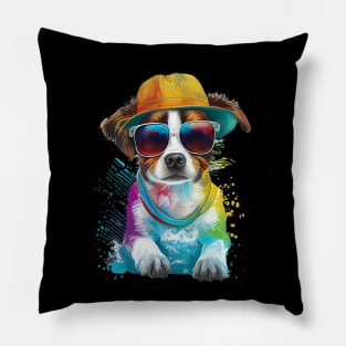 Colourful cool Jack Russell Terrier dog with sunglasses five Pillow