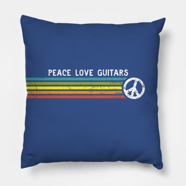 PEACE LOVE GUITARS Retro Rainbow Stripes Pillow by Jitterfly